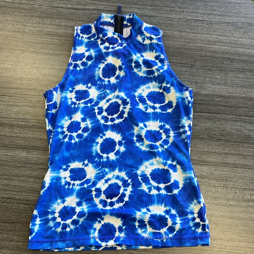 J. Crew Blue and White Graphic Fitted Tank rash guard.  Size Small